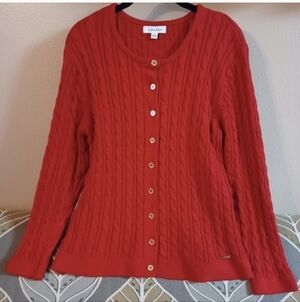Calvin Klein Women's Large 100% Cotton Knit Red Gold Button Up Sweater